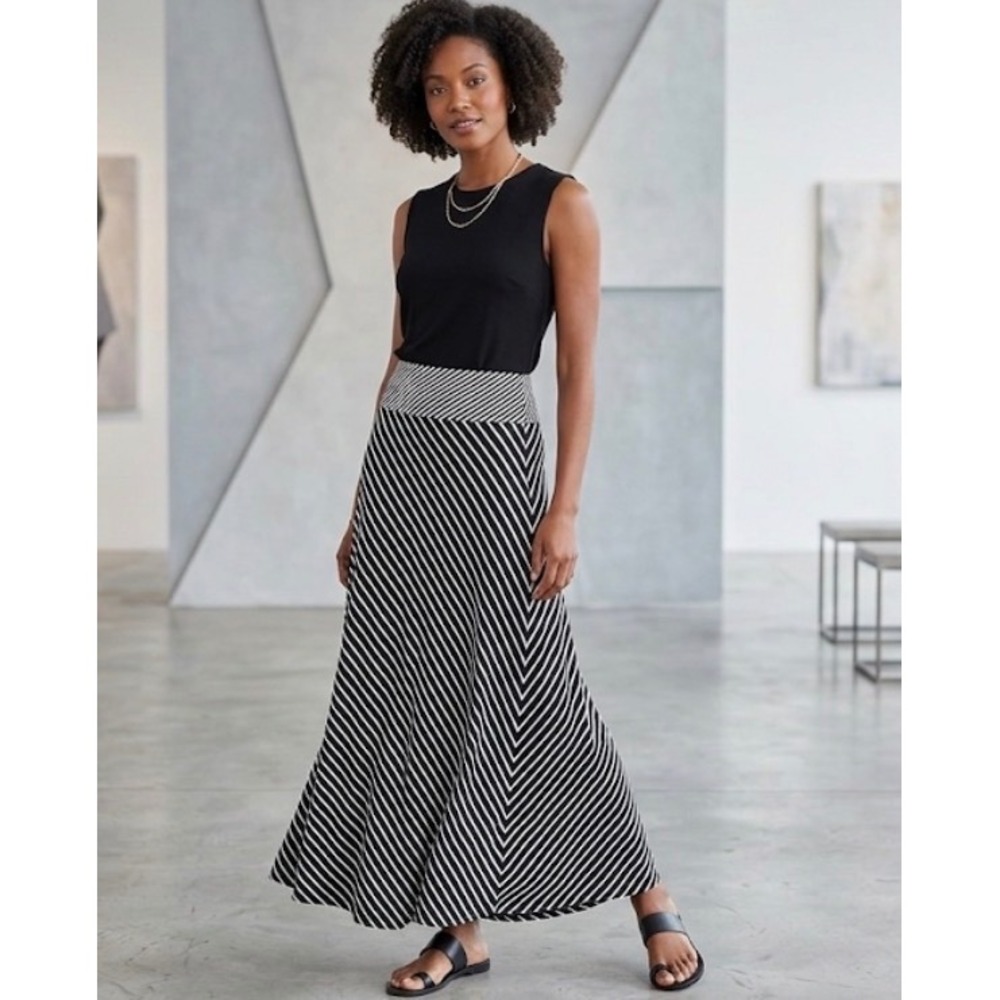 Hannah Womens Black White Striped Chevron Jersey Knit Maxi Skirt Small
